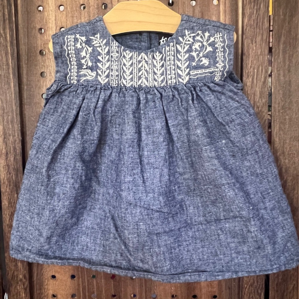 tea Embroidered Linen Like Baby Dress Size 9-12 Months